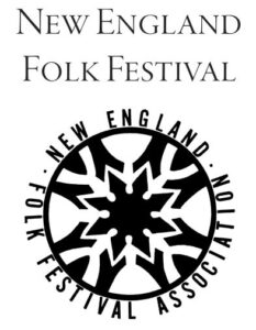 A logo of the New England Folk Festival logo and a white background